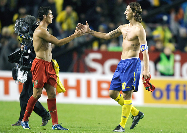 I know just what the blog needs: Some half-naked dudes! Zlatan and Cristiano.